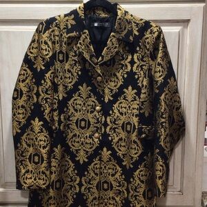 Carole Little Fancy Damask Black and Gold Patterned Trench Coat EUC